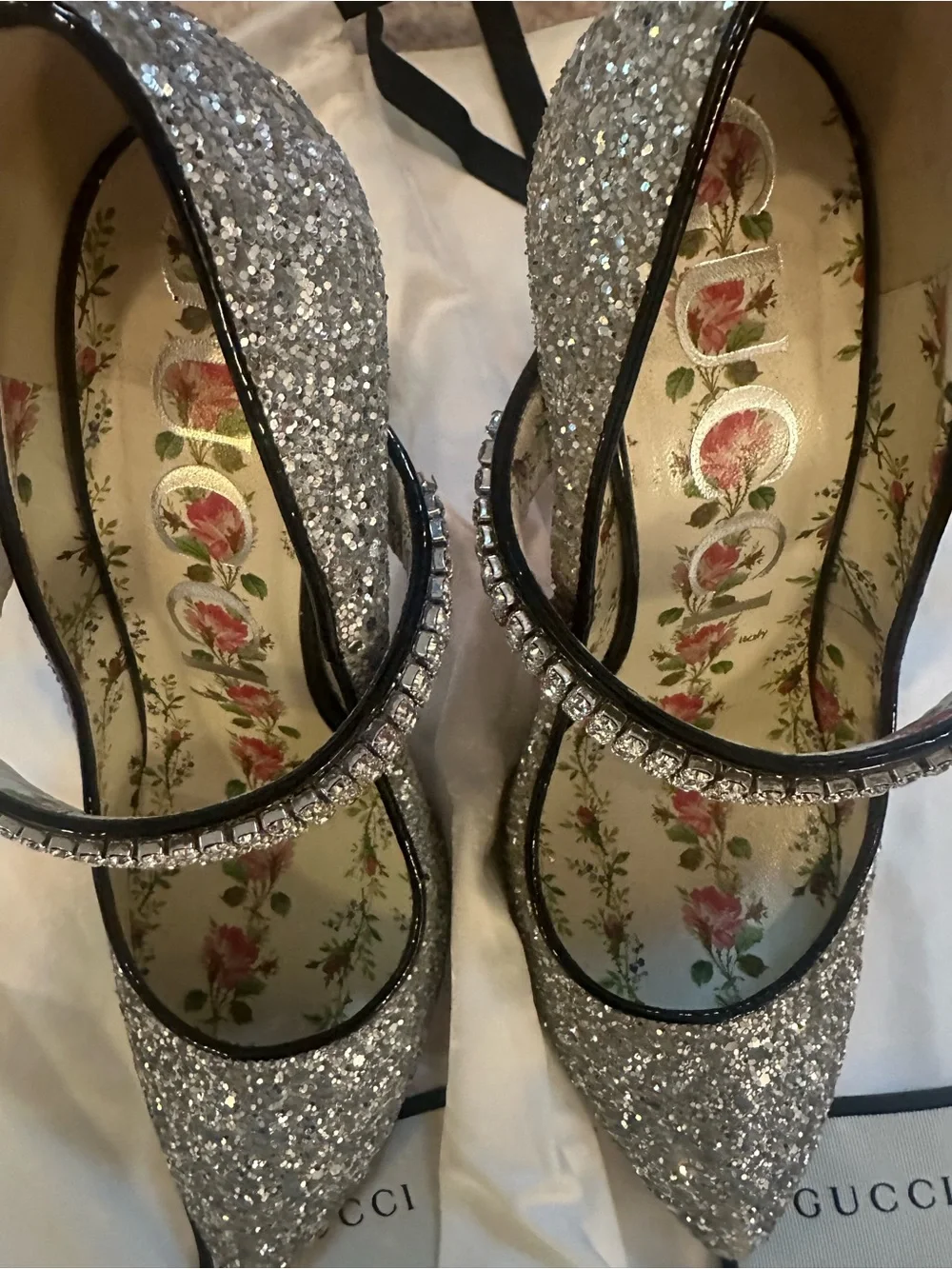Gucci Silver Glitter Pointed Mary Jane Flats with Rhinestone Strap